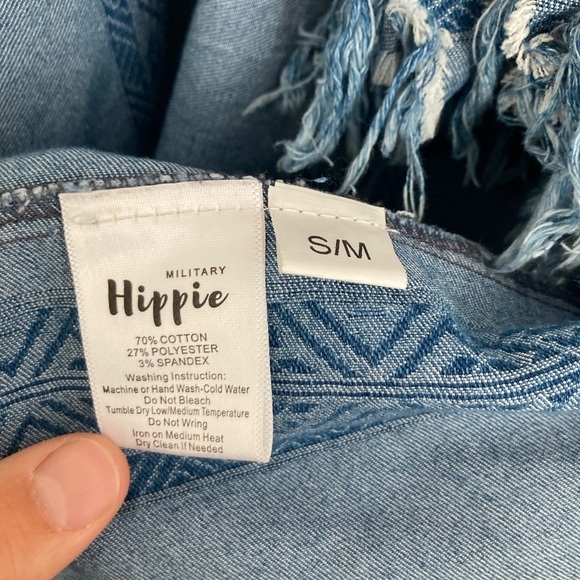 Military Hippie Fringe Denim Open Front Boho Lagenlook Southwestern Jacket S/M - Picture 8 of 9